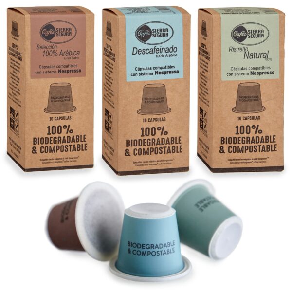Pack de cápsulas de café 100% arábica compatibles con Nespresso de Cafés Sierra Segura