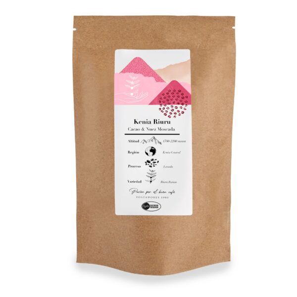 Bolsa de café Kenia Riuru con diseño de montaña y detalles rosados